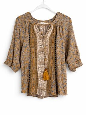 Boho Mustard & Blue Tassel Peasant Blouse – Women’s Flowy 3/4 Sleeve Top